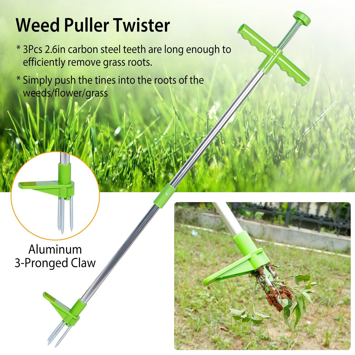 Shrub Puller Twister Stand Up Root Removal Hand Tool 3 Claws Aluminum Grass Manual Remover 38.98in Long Handle with Foot Pedal