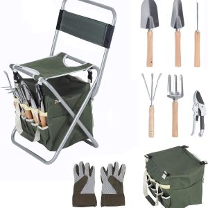 Bosonshop 9 PCS Garden Tools Set Ergonomic Wooden Handle Sturdy Stool with Detachable Tool Kit Perfect for Different Kinds of Gardening