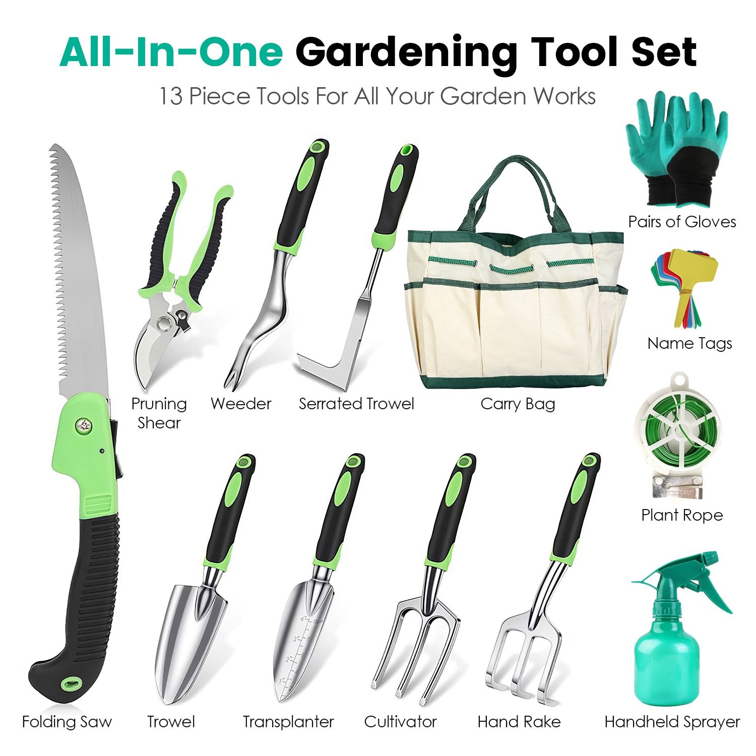 13Pcs Garden Tool Set Aluminum Alloy Gardening Hand Tools Starter Kit with Garden Bag Outdoor Hand Tools
